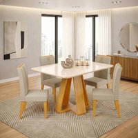 Conjunto Sala de Jantar Mesa Tampo em Vidro 1,60m Maria Cedro/Cappuccino 6 Cadeiras Tati
