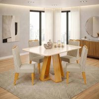 Conjunto Sala de Jantar Mesa Tampo em Vidro 1,20m Maria Cedro/Cappuccino 4 Cadeiras Bel