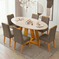 Conjunto Sala de Jantar Mesa Tampo em Vidro 1,80m Vick 6 Cadeiras Bel - Madeirado / Marrom