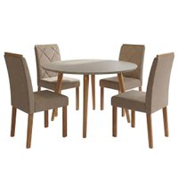 Mesa de Jantar Redonda Dani MDF Com 4 Cadeiras Estofadas Linho Off White Bege MOLCI