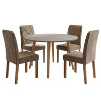 Mesa de Jantar Redonda Dani MDF Com 4 Cadeiras Estofadas Suede Off White Joli MOLCI