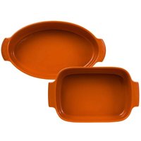 Jogo 2 Travessas Assadeiras Médias Porcelana Laranja Retangular e Oval Forma Assar e Servir Germer
