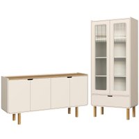 Cristaleira 180X80 cm E Buffet 160 cm Aura Pes Madeira Maciça Off White Artesano