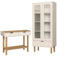 Cristaleira 180X80 cm E Aparador 100 cm Aura Pes Madeira Maciça Off White Artesano
