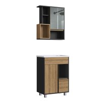 Gabinete De Banheiro 60cm Com Espelheira E Lavatório Grafite Mel