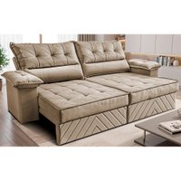 Sofá Retrátil e Reclinável 2,10m com Molas e Espuma D33 Thunder Velusoft Bege Cama inBox