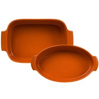 Kit 2 Travessas Assadeiras Retangular e Oval Porcelana Laranja Canelada Germer Assar e Servir