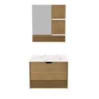 Conjunto Para Banheiro Balcão Com Espelho Sem Cuba 60Cm Bn3689 Tecnomobili Amendoa/ Marmore Branco