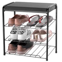 Banco Sapateira para Hall de Entrada Assento Estofado Preto 48cm 3 Andares 6 Pares de Calçados