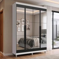 Guarda-Roupa Solteiro com Pés 4 Portas Batentes com Espelhos Branco/Preto/Preto Venus Madesa