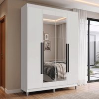 Guarda-Roupa Solteiro com Pés 4 Portas Batentes com Espelho Branco/Branco/Preto Venus Madesa