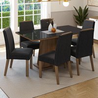 Conjunto Sala de Jantar Tampo de Vidro 6 Cadeiras Rustic/Preto/Oxford Tulipa Madesa