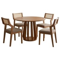 Mesa de Jantar Redonda Pitanga Com 4 Cadeiras Estofadas Acai Linho Bege NATUEM