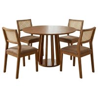 Mesa de Jantar Redonda Pitanga Com 4 Cadeiras Estofadas Tamarindo Corino Kaki NATUEM