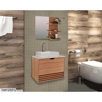 Conjunto Banheiro Balcão Suspenso BN3613 s/ Cuba 60cm e Armário c/Espelho BN3608 Amêndoa/Marmore Branco Tecno Mobili