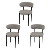 Kit 3 Cadeiras de Jantar Linho Cinza Camelia com Encosto Curvo Base Preta Moderna para Sala Cozinha