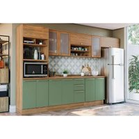 Kit Cozinha Modulada 8 Peças Botanic (3Aéreos+2Balcões+1Paneleiro+2Complementos) M663 Nogueira/Verde Oliva - Kappesberg