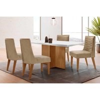 Conjunto: Mesa de Cozinha Berlim Curvo 120cm + 4 Cadeiras Maldivas Naturale/Off White - Linho Bege - Rufato