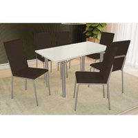 Sala Jantar Mesa Elba Tampo Madeirado c/ Vidro 160cm e 6 Cadeiras Amsterdã Niquel/Off White - Corano Marrom - Kappesberg