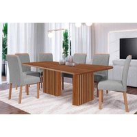 Conjunto: Mesa Sala Jantar Ester Tampo Madeirado 180x90cm e 6 Cadeiras Fernanda Cinamomo - Carvalho/Linho Grafite Cimol