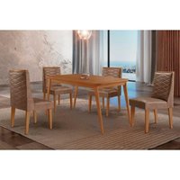 Conjunto: Mesa Sala Jantar Havana Curvo 120cm + 4 Cadeiras Dafne Naturale - Corano Capuccino - Rufato