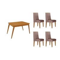 Sala Jantar Mesa Havana Curvo 120cm + 4 Cadeiras Dakota Naturale - Linho Capuccino - Rufato