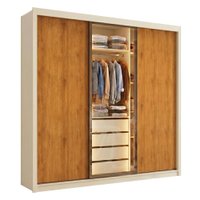 Guarda Roupas Casal 3 Portas de Correr Reflecta com Led 4 Gavetas Flex Eva - Off White/Madeirado