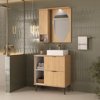 Gabinete Banheiro com Cuba e Espelheira c/LED 2 Portas 1 Gaveta Retrô Multimóveis CR10158 Carvalho Nature/Branco