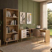 Kit Escrivaninha em L com Estante Multiuso e 3 Gavetas Línea Office Multimóveis MP6081 Madeirado/Branco