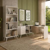 Kit Escrivaninha em L com Estante Multiuso e 3 Gavetas Línea Office Multimóveis MP6081 Branco