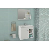 Balcão p/ Banheiro Suspenso Lótus Bia 1Pta e 2Nichos +Armário Espelheira +Bancada Pia 55cm cor Branco - MGM