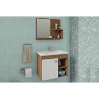 Balcão p/ Banheiro Suspenso Lótus Bia 1Pta e 2Nichos +Armário Espelheira +Bancada Pia 55cm cor Amendoa/Branco - MGM