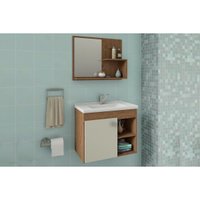 Balcão p/ Banheiro Suspenso Lótus Bia 1Pta e 2Nichos +Armário Espelheira +Bancada Pia 55cm cor Amendoa/Off White - MGM