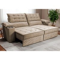 Sofá Retrátil e Reclinável 2,10m Verona com Porta Copos Velupluma Bege Cama inBox