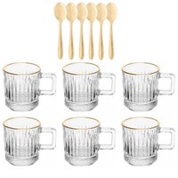 Jogo 12 Pçs Xícaras de Café Vidro 90ml Colheres Inox Dourado Lyor Recepção Atendimento