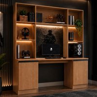 Mesa Gamer com Estante 2 Portas e 5 Prateleiras Smart Multimóveis MP6097 Madeirado