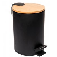 Lixeira Redonda Em Metal Com Pedal E Tampa Bambu Preta 3l Banheiro Pequena