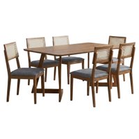 Mesa de Jantar Caju Com 6 Cadeiras Estofadas Palmas Linho Grafite ORNAR