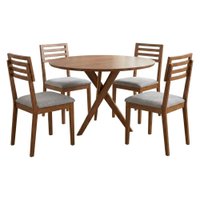 Mesa de Jantar Redonda Cacau Com 4 Cadeiras Estofadas Juparana Linho Cinza ORNAR