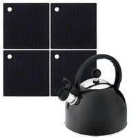 Kit Chaleira Inox com Apito 1,75L e 4 Descansos Panela Quadrado Silicone Preto 18cm