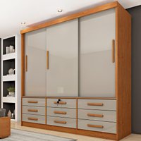 Guarda-roupa Casal com 3 Portas de Correr e 9 Gavetas 199cm Multimóveis CR35484 Cinamomo/Off White
