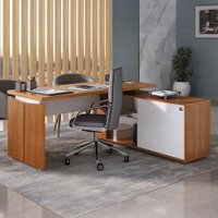 Mesa Escritorio 1 Porta de Correr Em L Tampo Tamburato 155X170 cm Freijo Branco Artany