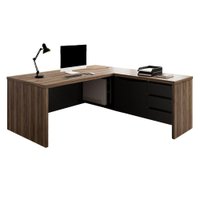 Mesa Escritorio 3 Gavetas 2 Portas Em L Tampo Tamburato 190X180 cm Nogal Preto Artany