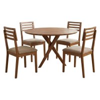 Mesa de Jantar Redonda Cacau Com 4 Cadeiras Estofadas Juparana Linho Bege ORNAR