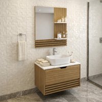 Conjunto Banheiro com Gabinete e Espelheira 1 Porta Suspenso 60cm Multimóveis CR10167 Amêndoa/Mármore Branco
