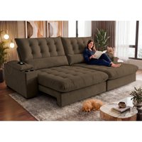 Sofá Retrátil e Reclinável 2,45m Arena com Molas Ensacadas e Carregador USB-C Boucle Marrom Cama inBox