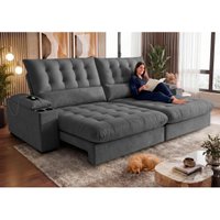 Sofá Retrátil e Reclinável 2,25m Arena com Molas Ensacadas e Carregador USB-C Boucle Cinza Escuro Cama inBox