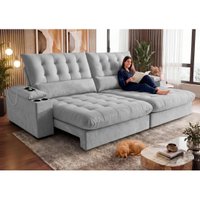 Sofá Retrátil e Reclinável 2,65m Arena com Molas Ensacadas e Carregador USB-C Boucle Cinza Claro Cama inBox