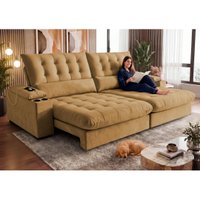 Sofá Retrátil e Reclinável 2,65m Arena com Molas Ensacadas e Carregador USB-C Boucle Caramelo Cama inBox