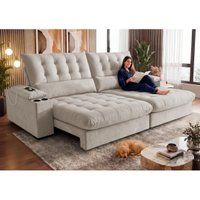 Sofá Retrátil e Reclinável 2,45m Arena com Molas Ensacadas e Carregador USB-C Boucle Bege Claro Cama inBox